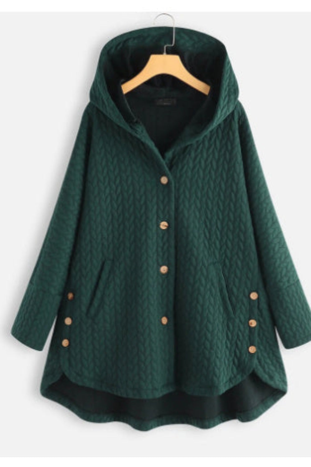 Green hooded coat with button details on a white background