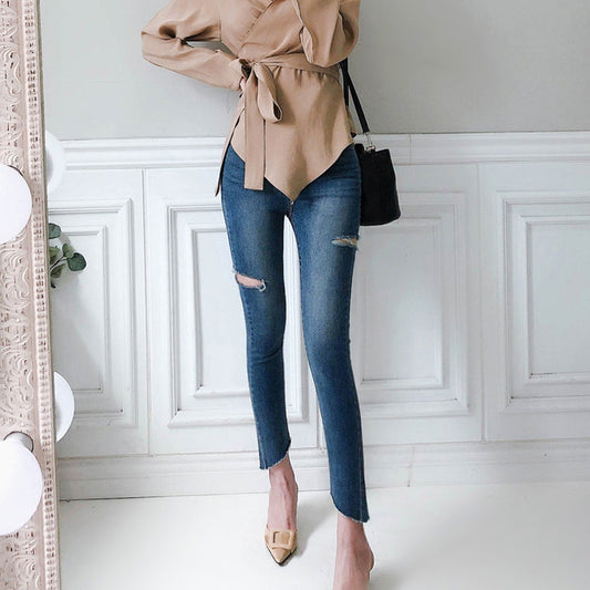 Four Buttons Down Closure Women Skinny Pencil Jeans