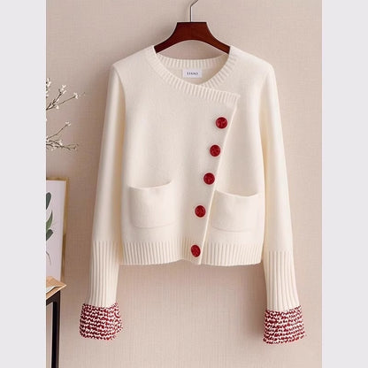 White Knitted Cardigan Sweater for Women – Loose Pullover with Crocheted Flowers, Cozy Fall & Winter Outfit