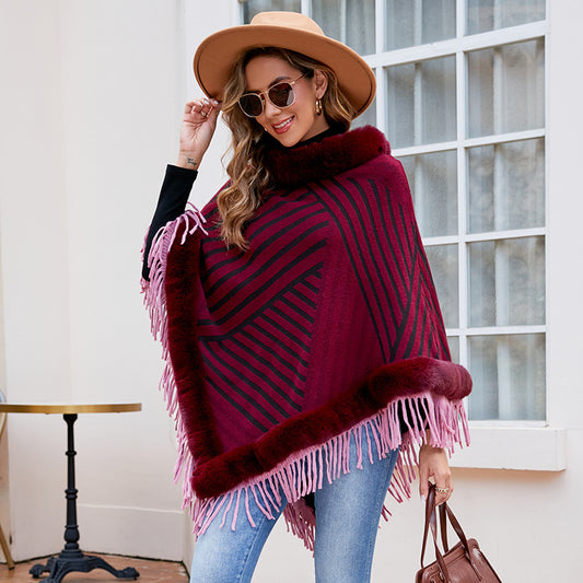 Drizzling Fur Collar Knitted Cape – Cozy Elegance in Every Stripe