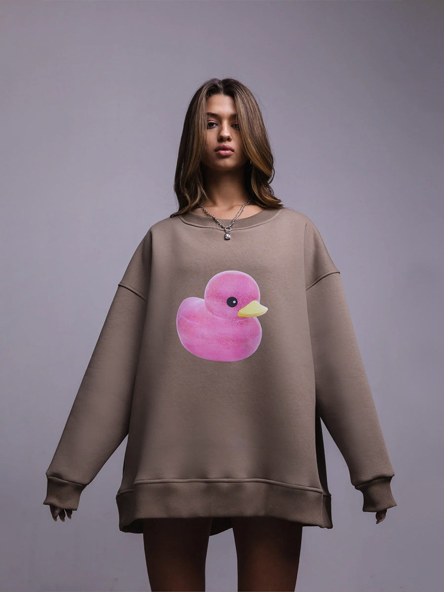Cute Duck Print Sweater for Women – Loose Cotton Pullover, Cozy Autumn & Winter Outfit