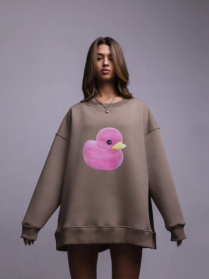Cute Duck Print Sweater for Women – Loose Cotton Pullover, Cozy Autumn & Winter Outfit