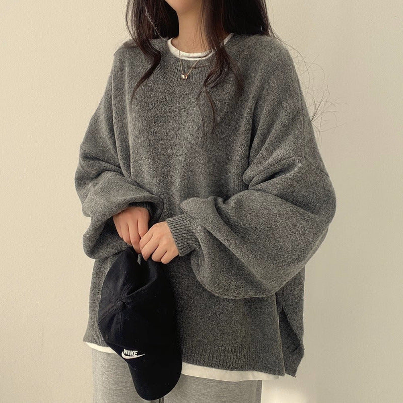 Elegant Lantern Sleeve Crew Neck Loose Pullover Sweater
