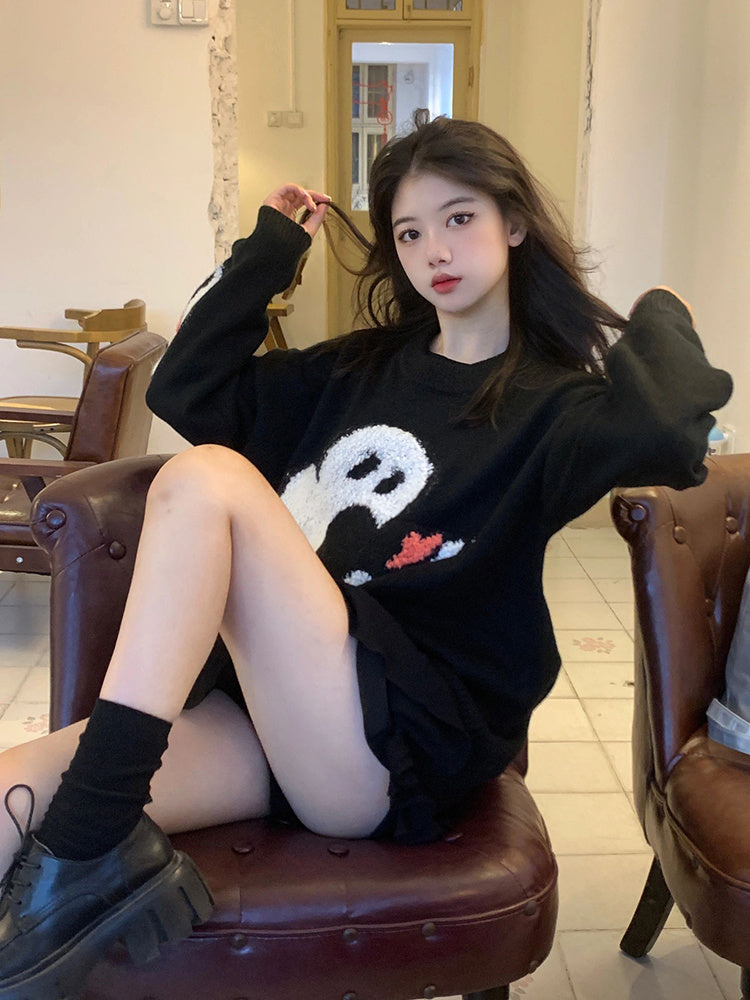 Loose Round Neck Pullover Sweet Wool Sweater – Elegant Black