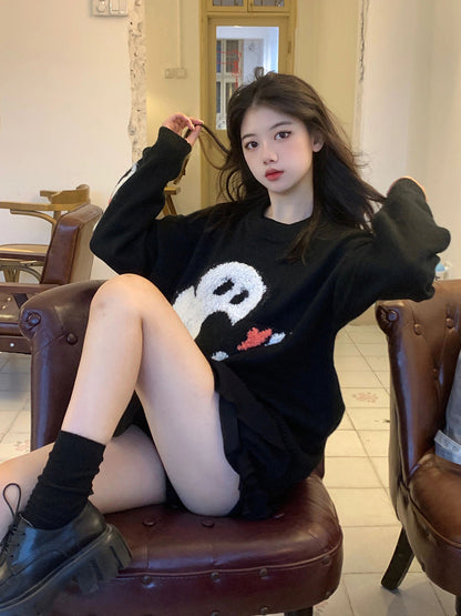 Loose Round Neck Pullover Sweet Wool Sweater – Elegant Black