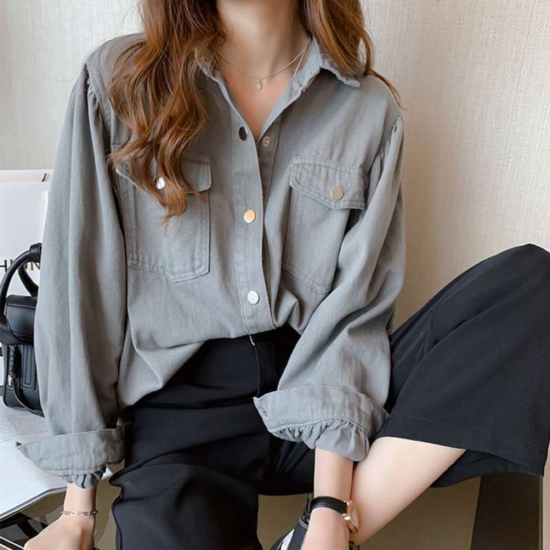 Solid-Color Korean-Style Blouse – Polo Collar Spring Outfit for Women