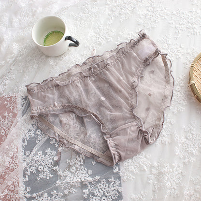 Sweet Girly Cotton Briefs – Mid-Waist Panties with Hollow Lace Cutouts, Jacquard Design & Everyday Intimates Comfort