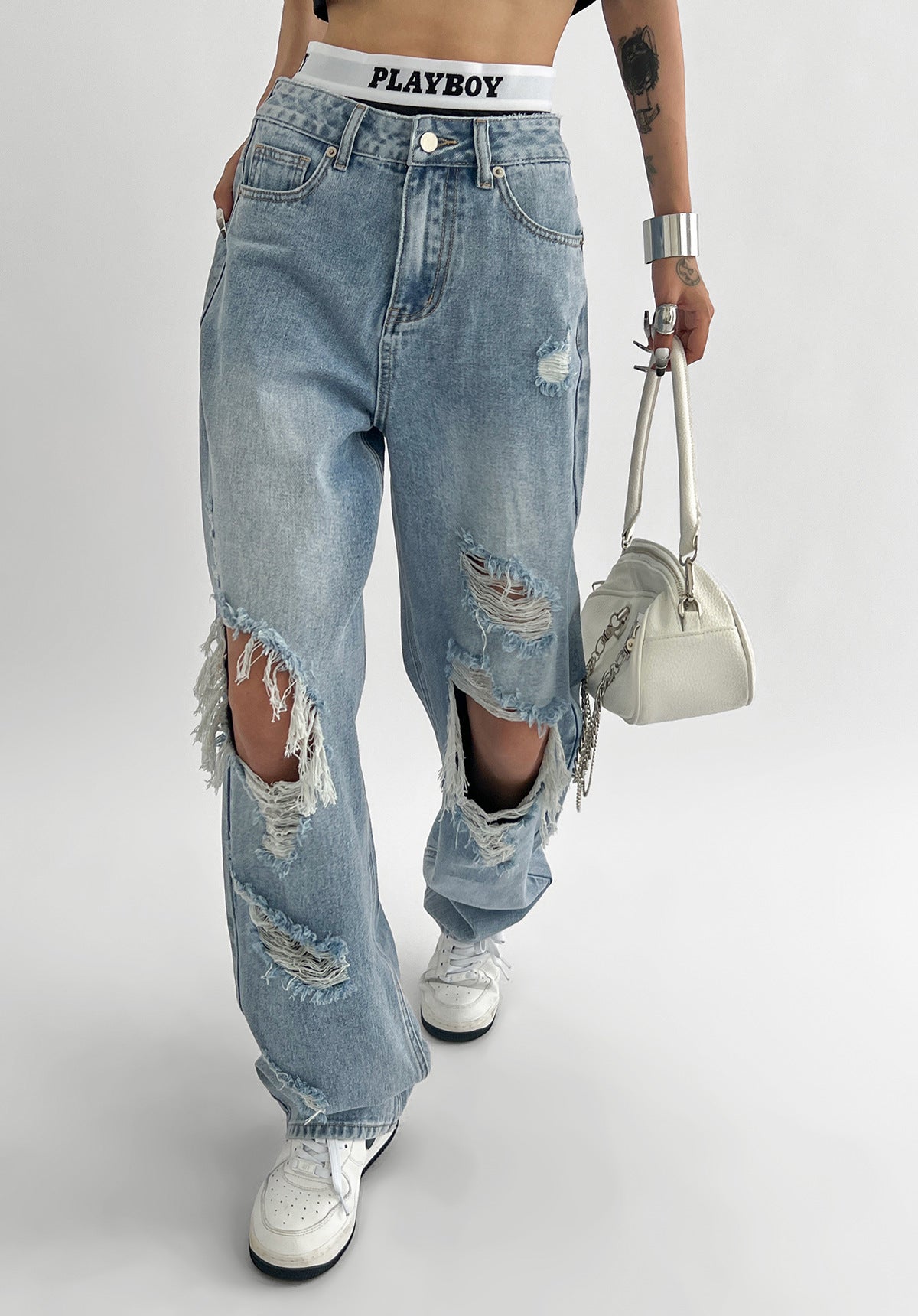 Light Blue Knee Ripped Full Length Women Jeans