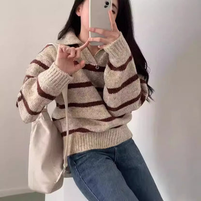 Fall & Winter Lapels Contrast Color Striped Pullover Sweater for Women