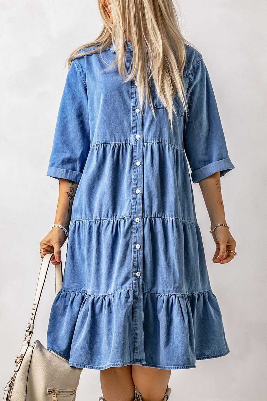 Women Single Breasted Streetwear Denim Midi Dress