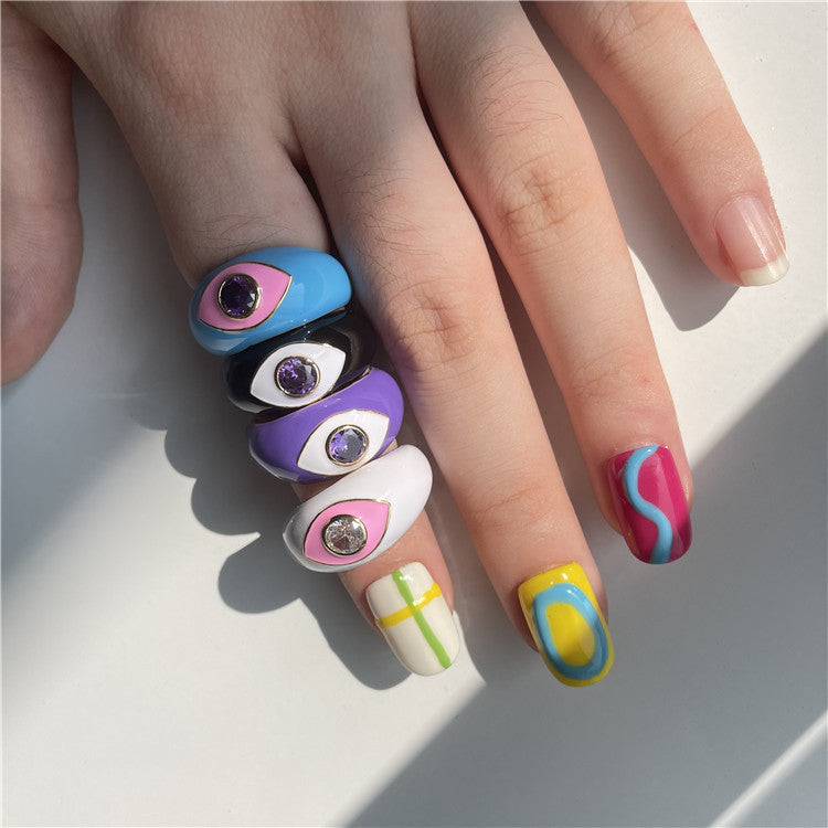 Eye Drip Geometric Rings – Gold-Plated Vintage Statement Jewelry with Colorful Enamel & Stones