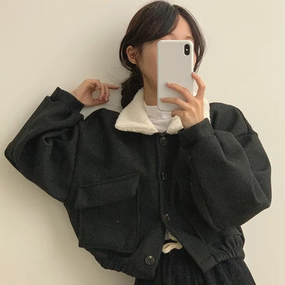 Two Sweet Pockets Pink Turndown Collar Jacket For Women