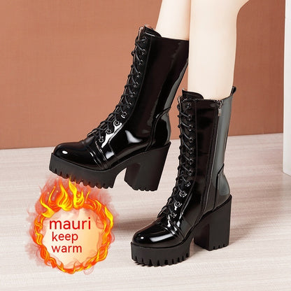 Womens Winter Mid Calf Boots Round Toe Zip Platform Lace Up Warm Boots For Women Comfortable Female Shoes