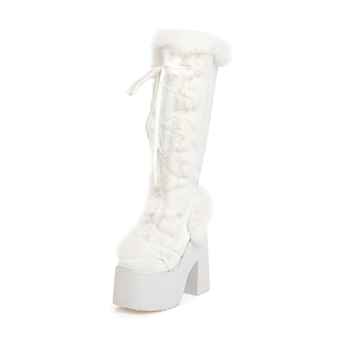 Tassel Rope Design High Heeled Long Snow Boots