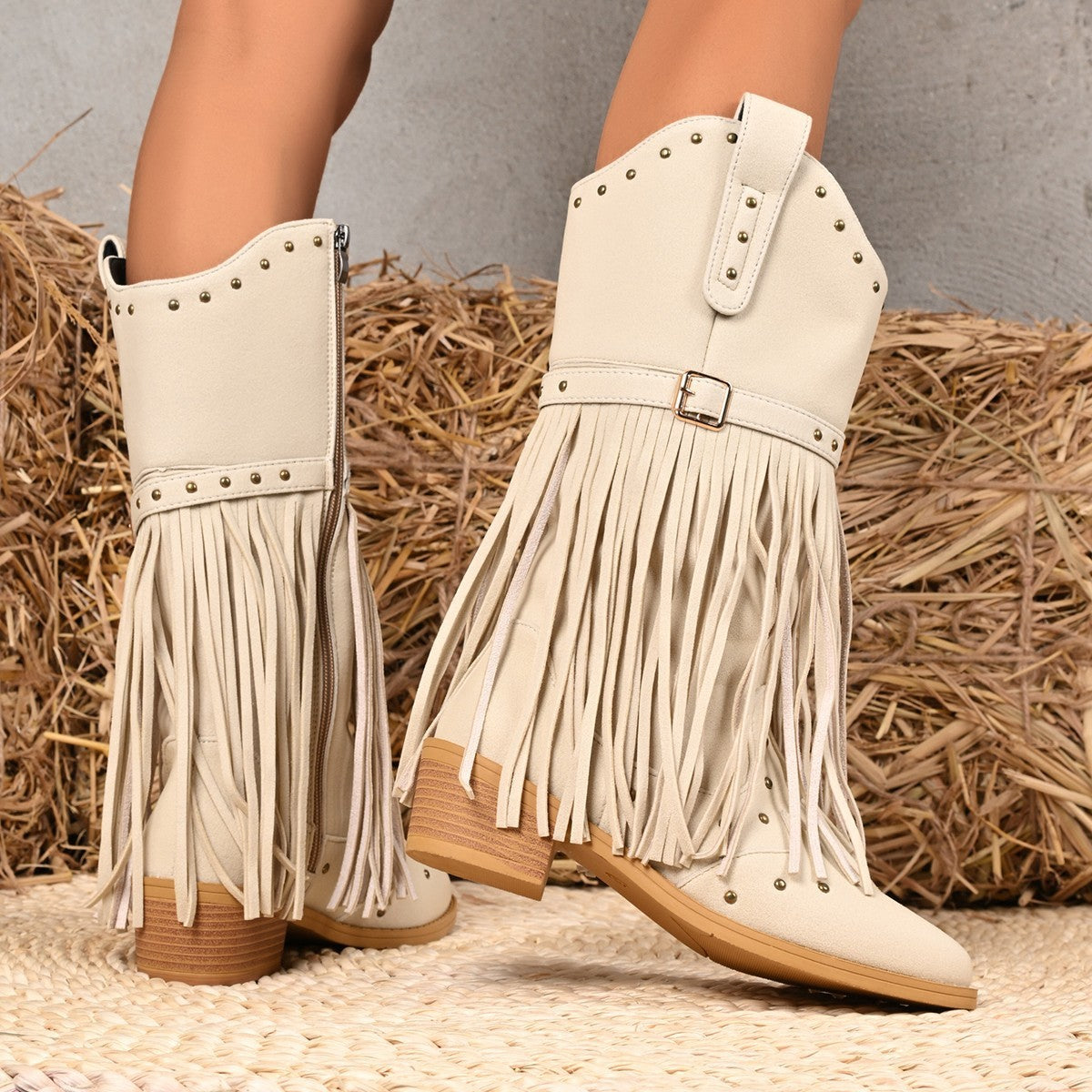 Retro Ethnic Western Cowboy Style Round Toe Block Heel Tassel Boots