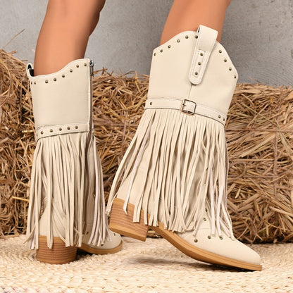 Retro Ethnic Western Cowboy Style Round Toe Block Heel Tassel Boots