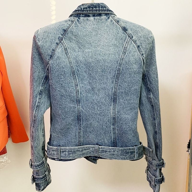 Locomotive-Style Denim Jacket for Women – Double Buckle Streetwear Outerwear Blue Wash