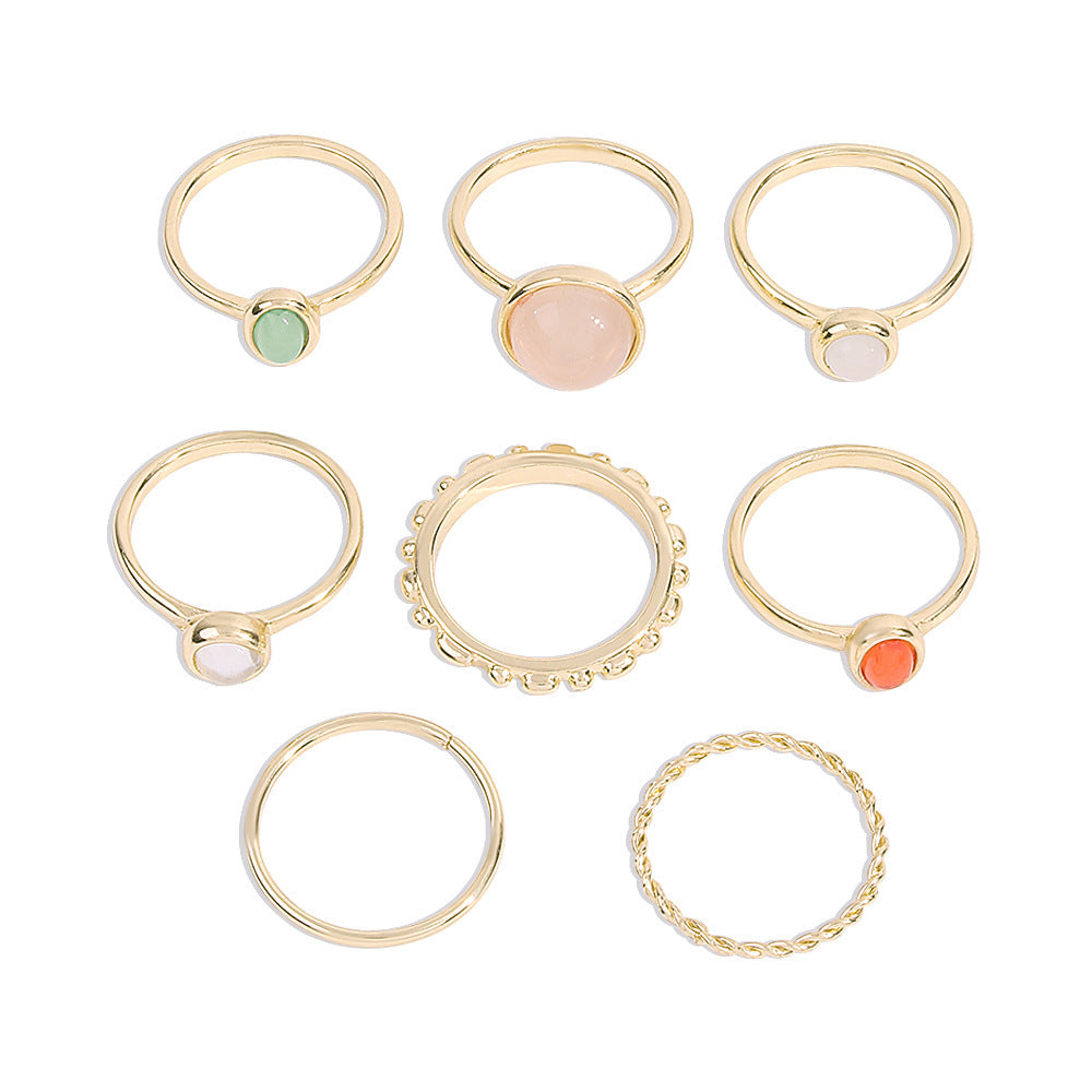 8-Piece Colorful Stone Metallic Ring Set – Geometric Stackable Rings for Women