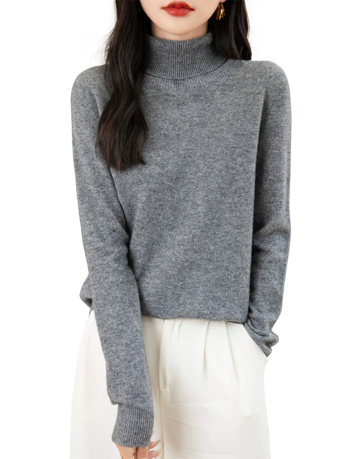 High Quality Pure Wool Turtleneck Loose Fit Sweaters For Women