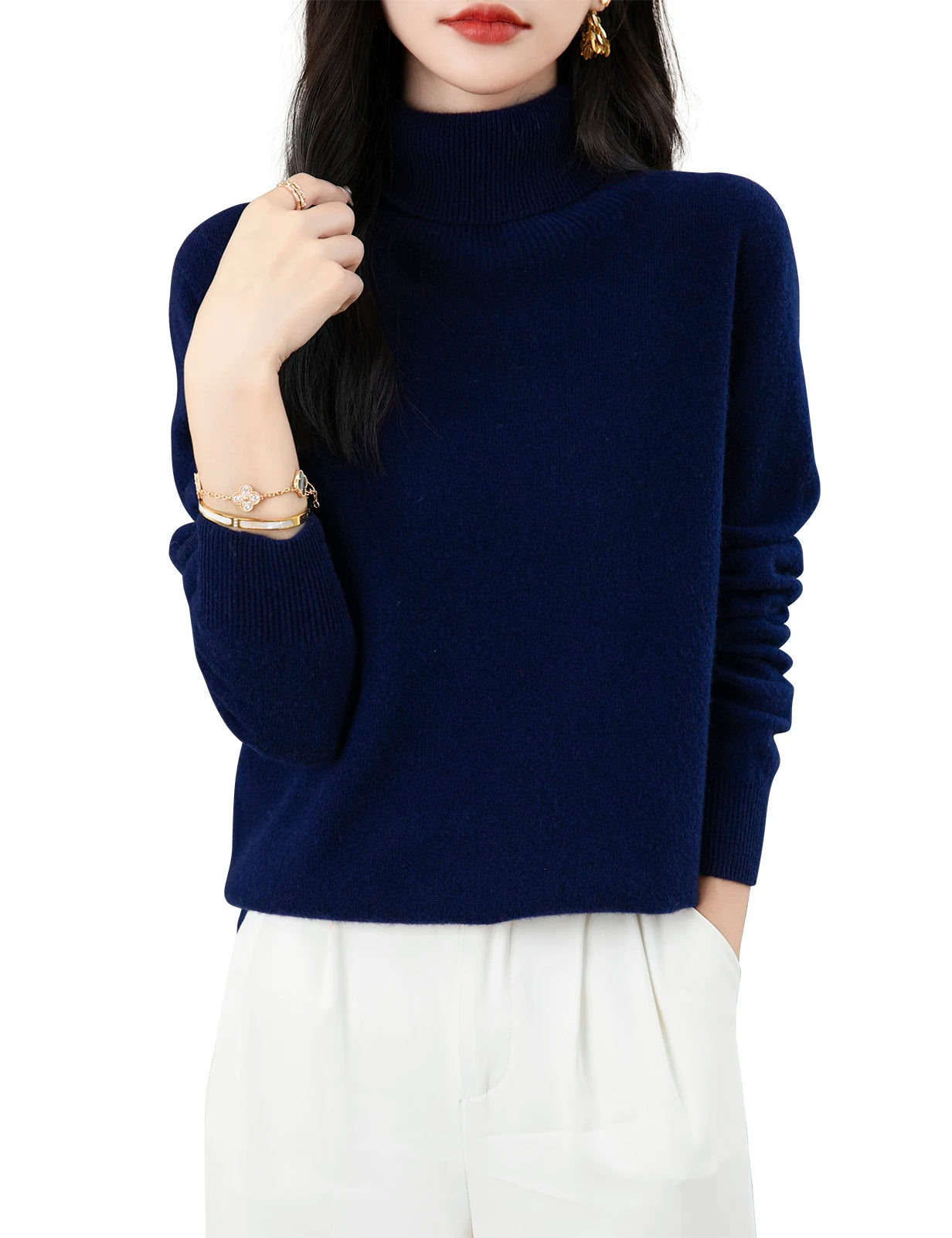 High Quality Pure Wool Turtleneck Loose Fit Sweaters For Women