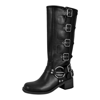 Women's Genuine Cowhide Leather Punk Goth Mid-Calf Boots – Multi-Buckle Chunky Heel Western Boot