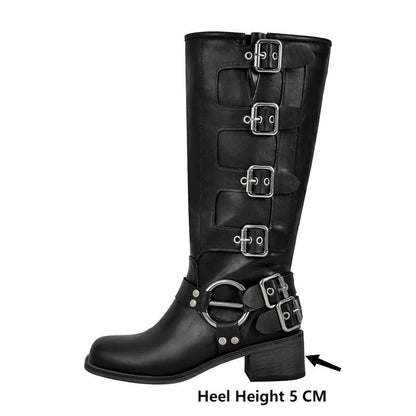 Women's Genuine Cowhide Leather Punk Goth Mid-Calf Boots – Multi-Buckle Chunky Heel Western Boot