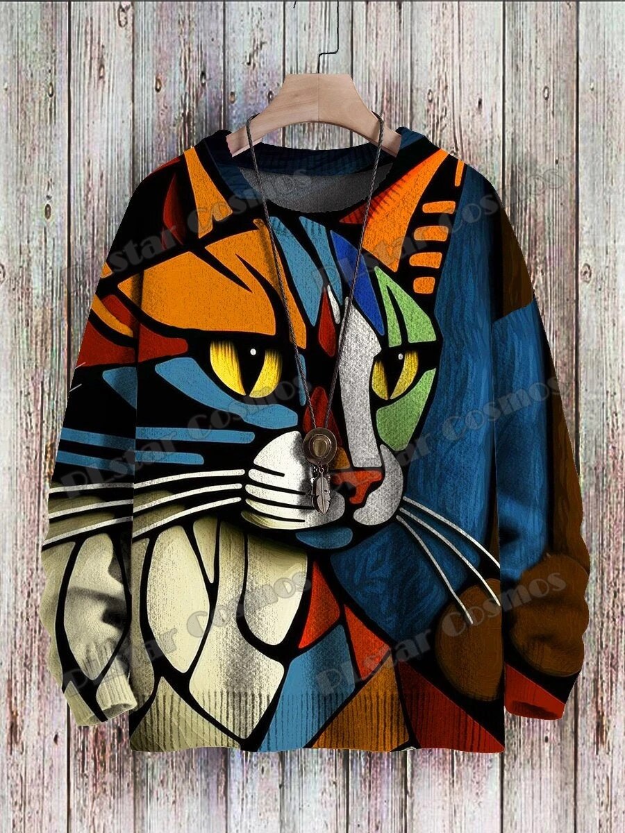 Abstract Art Cat Pattern Knit Pullover: 3D Printed Winter Sweater for Unisex Casual Style