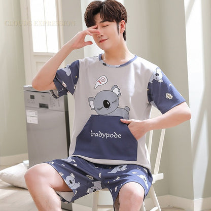 Summer Knitted Cotton Men’s Pajama Set – Short-Sleeved Letter Print Sleepwear Suit, Comfortable Homewear