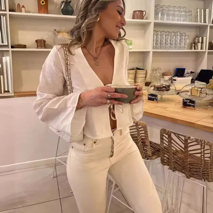 Women Casual Green Lace-Up Bow Shirt – Fashion Long Flare Sleeve V-Neck Hollow Out Blouse for Summer Streetwear 2025