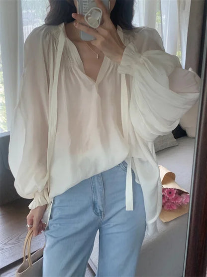 Spring Summer Chiffon V-Neck Top for Women – Lantern Long Sleeve, Loose Pleated Blouse, Korean Style Fashion