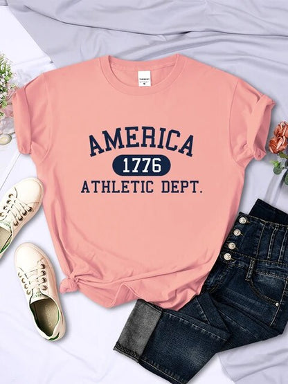 America 1776 Athletic Dept. Letter T-Shirt – Women's Sport Casual Crop Top, Cool Hip Hop Tee, Soft & Breathable