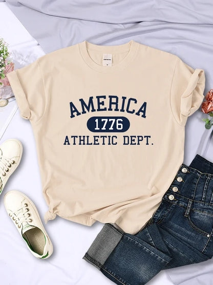 America 1776 Athletic Dept. Letter T-Shirt – Women's Sport Casual Crop Top, Cool Hip Hop Tee, Soft & Breathable