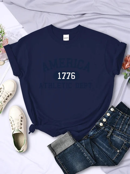 America 1776 Athletic Dept. Letter T-Shirt – Women's Sport Casual Crop Top, Cool Hip Hop Tee, Soft & Breathable