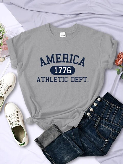 America 1776 Athletic Dept. Letter T-Shirt – Women's Sport Casual Crop Top, Cool Hip Hop Tee, Soft & Breathable