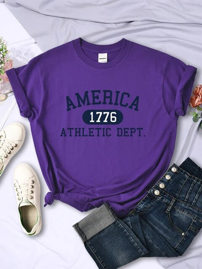 America 1776 Athletic Dept. Letter T-Shirt – Women's Sport Casual Crop Top, Cool Hip Hop Tee, Soft & Breathable