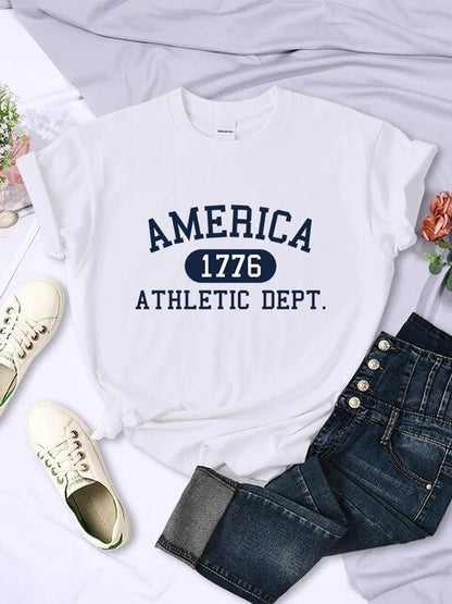 America 1776 Athletic Dept. Letter T-Shirt – Women's Sport Casual Crop Top, Cool Hip Hop Tee, Soft & Breathable