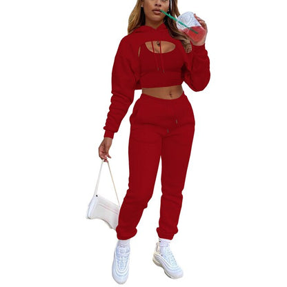 Women Streetwear Style Crop Top Hoodie Jogger Pant Set Tracksuits