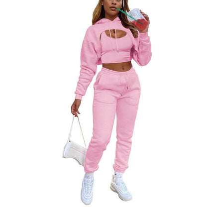 Women Streetwear Style Crop Top Hoodie Jogger Pant Set Tracksuits