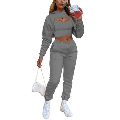 Women Streetwear Style Crop Top Hoodie Jogger Pant Set Tracksuits