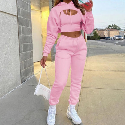 Women Streetwear Style Crop Top Hoodie Jogger Pant Set Tracksuits