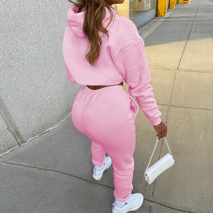 Women Streetwear Style Crop Top Hoodie Jogger Pant Set Tracksuits