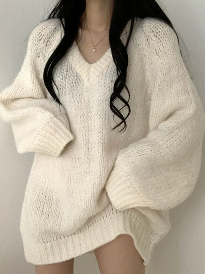 Simple Loose Oversized V-Neck Sweater for Women – Autumn Knitted Korean Stylish Pullover, White/Gray Fashion Long Sleeve Top