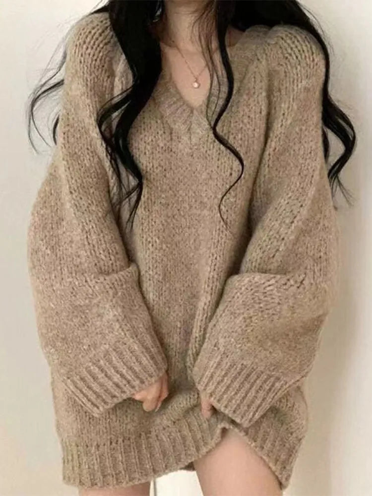 Womens V-Neck Grey Knitted Loose Sweaters