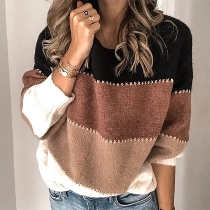 Women's Oversized Striped Sweater – Round Neck Loose Knit Pullover, Thick Casual Jumper for Autumn Winter Fashion