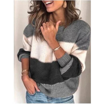 Women's Oversized Striped Sweater – Round Neck Loose Knit Pullover, Thick Casual Jumper for Autumn Winter Fashion