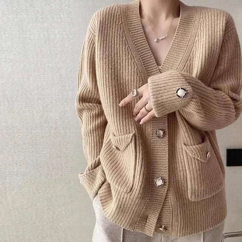 Casual Button Pocket Knitted Cardigan, Autumn Winter Korean Fashion, Women Tops Loose Knit Coat, Sweater Outerwear Clothing