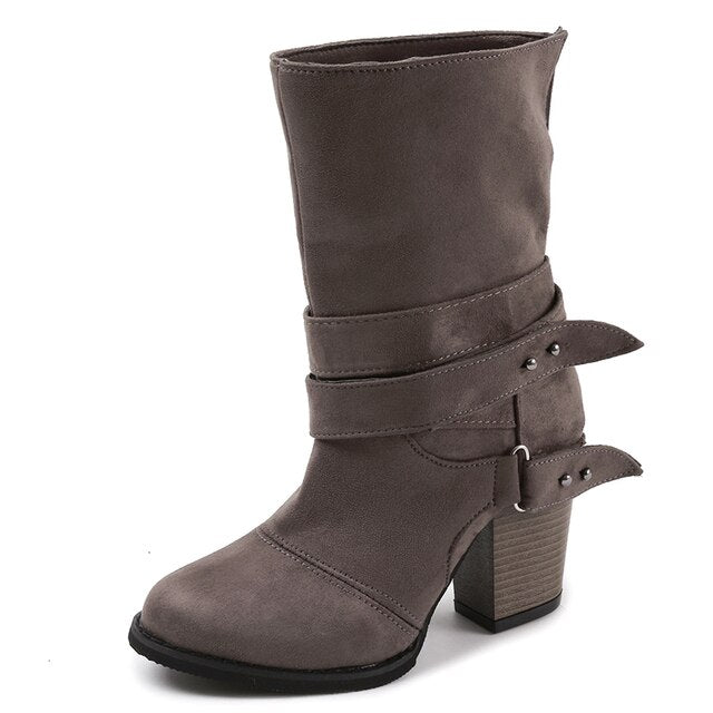 Double Buckle Suede Leather Women Snow Boots