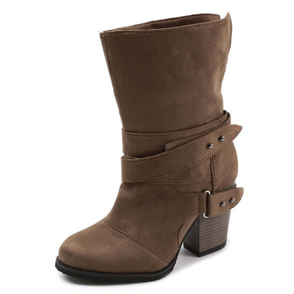 Double Buckle Suede Leather Women Snow Boots