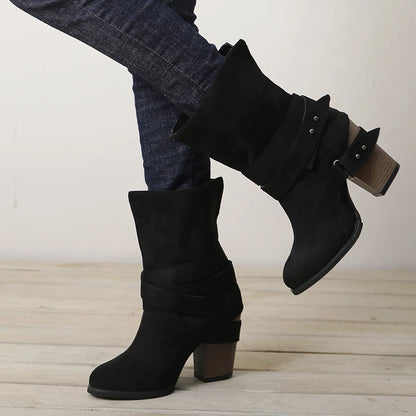 Double Buckle Suede Leather Women Snow Boots