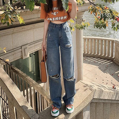 High-Waist Baggy Jeans: Straight Leg, Korean Fashion for Women